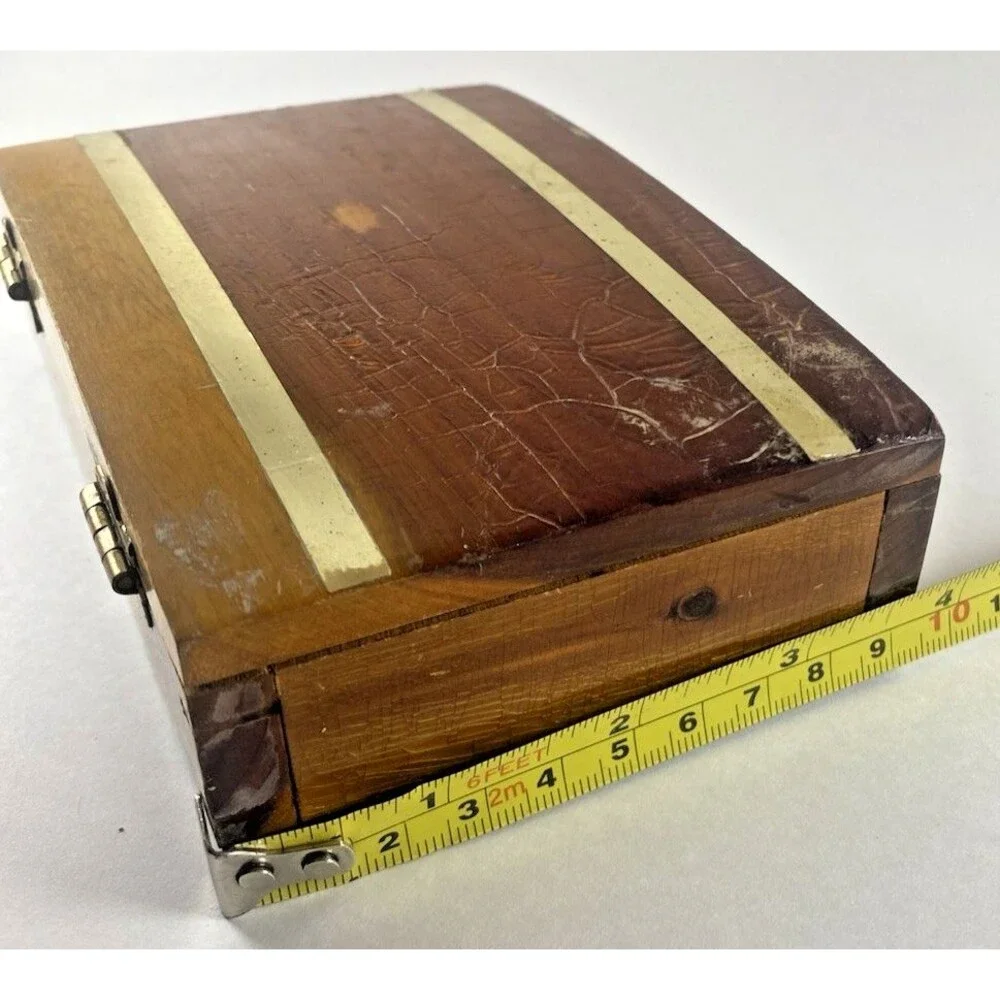 Cedar Wood Trinket Jewelry Box Brass Inlay Rustic Hinged Wooden Storage VTG